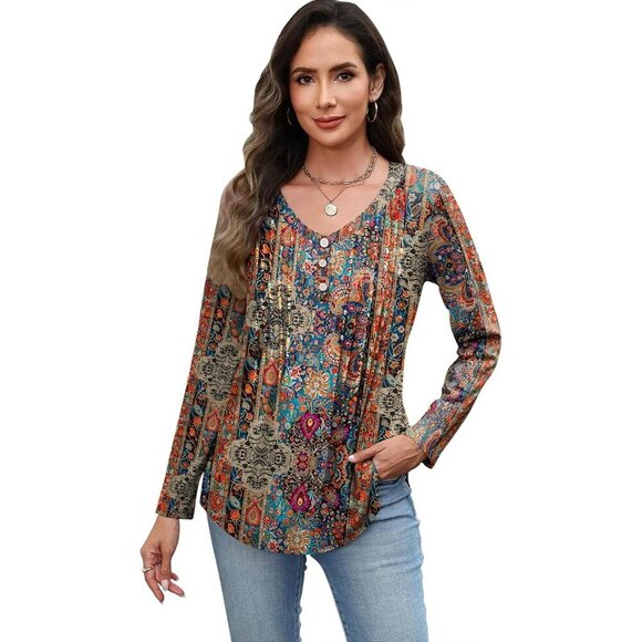 Women's V-Neck Long Sleeve Blouse Pleated Print Casual Tunic Stylish - Picture 3 of 4